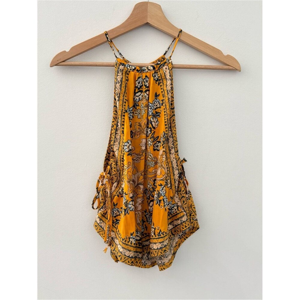 Free People Sofia Halter Top Poppy Gold Combo Tank Mustard Floral Cami S Poppy